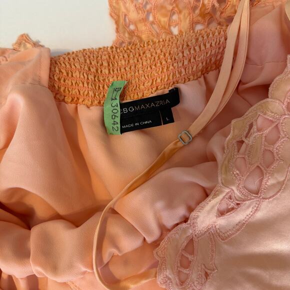 BCBG Silk Lace Eyelet Babydoll Dress Large Peach Spaghetti Strap y2k Party - Picture 10 of 15